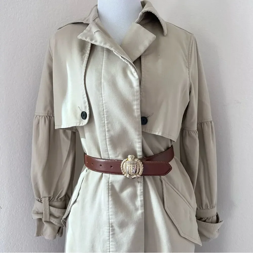 Joie Puff Sleeve Cotton Trench Coat Jacket Classic Beige Long Button-Front - Picture 14 of 14
